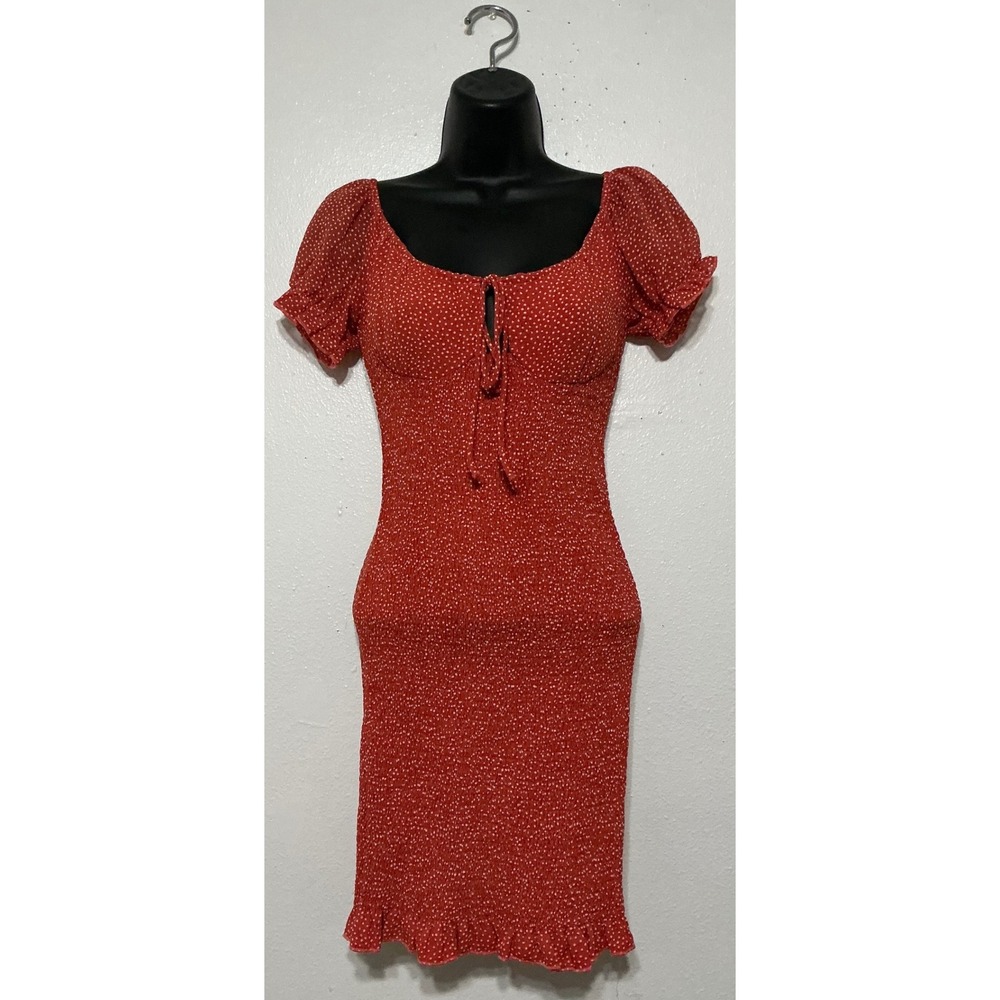 Hello Molly‎ Rust Red Smocked Dress Polka Dot Puff Sleeve S Romantic Cottagecore